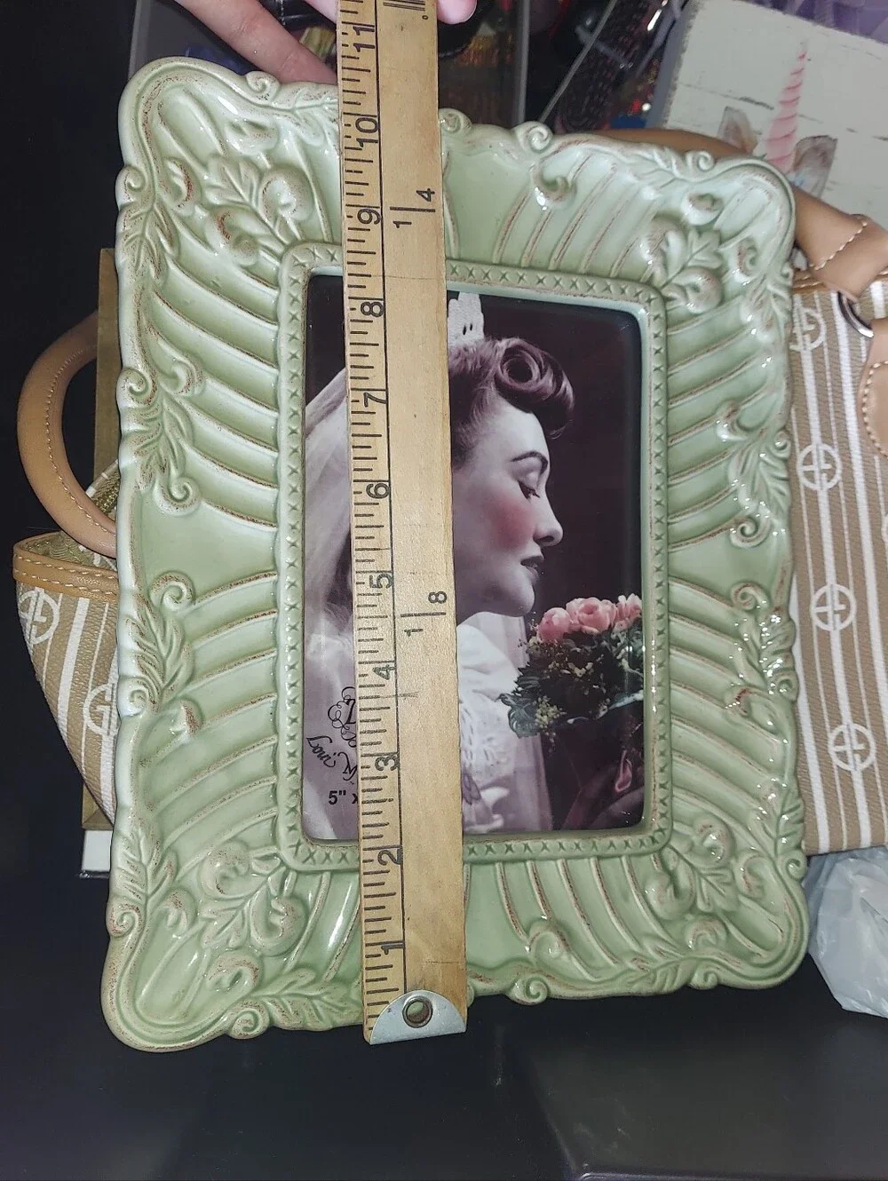 Ornate Ceramic Picture Frame in Sage Green